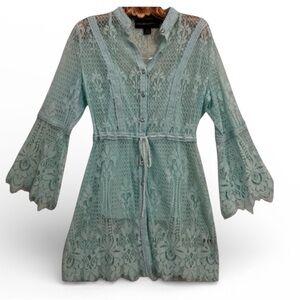 COLLEEN LOPEZ Aqua Blue Lace Boho Beach Coastal Mini Dress XS NWOT